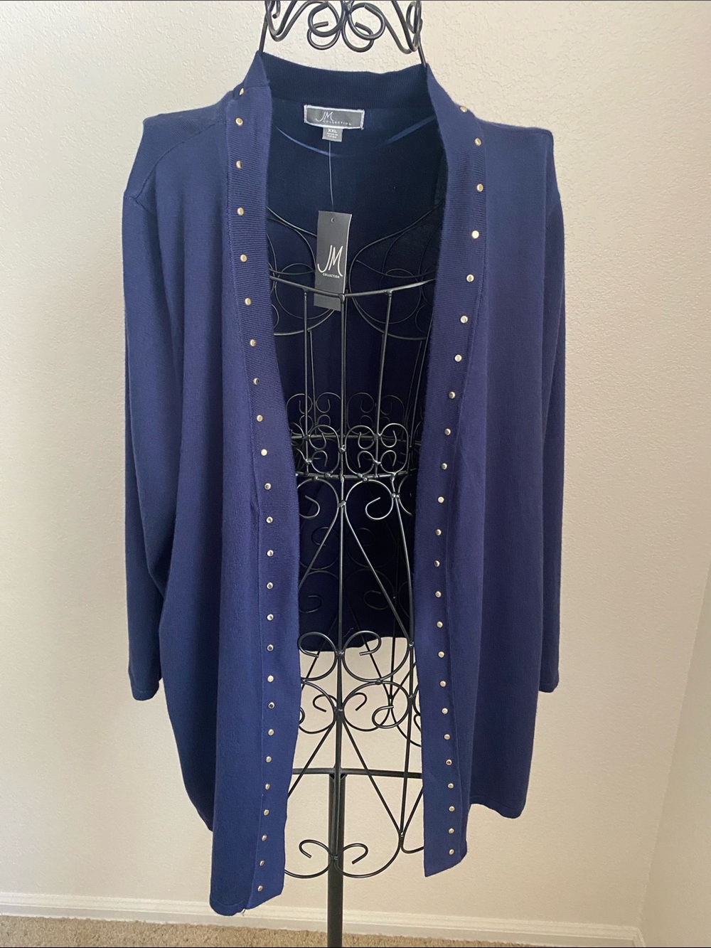 JM Collection Navy Stud-Trim Open Cardigan